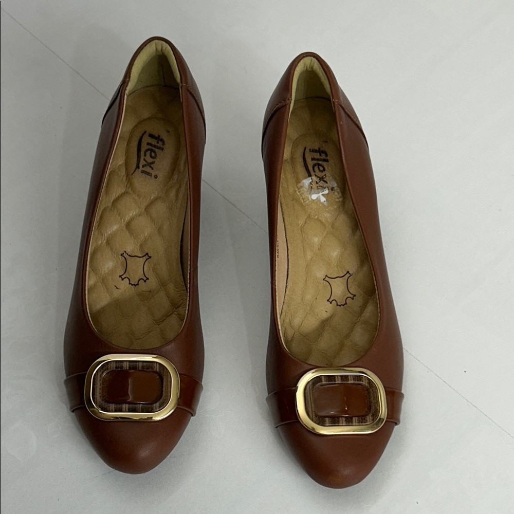 Flexi Women's Tan Loafers with Gold Buckle